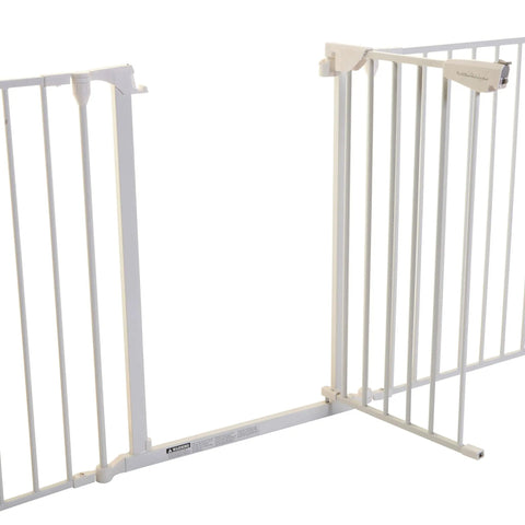 Extra Wide Baby Gate With Door Kid Safe For Stairs And Hallways Hardware Mounted, showing open gate and white metal bars.