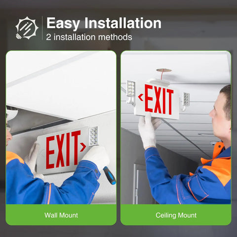 Installation of 6 Pack Red Exit Signs With Emergency Lights Dual LED Adjustable Heads Battery Backup Hard Wired UL Listed