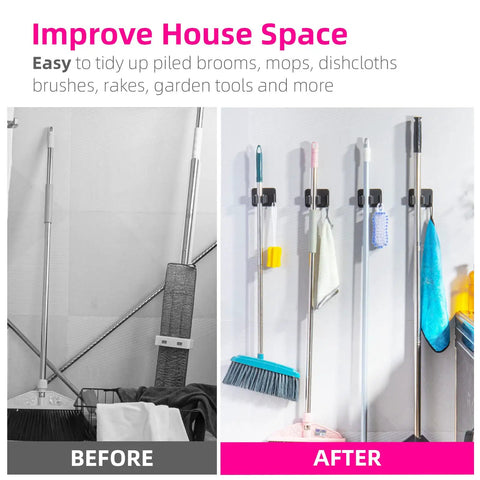 Before and after of 4 Pack Anti Slip Broom Holder Wall Mount Set with Gripper and Hook organizing cleaning tools.