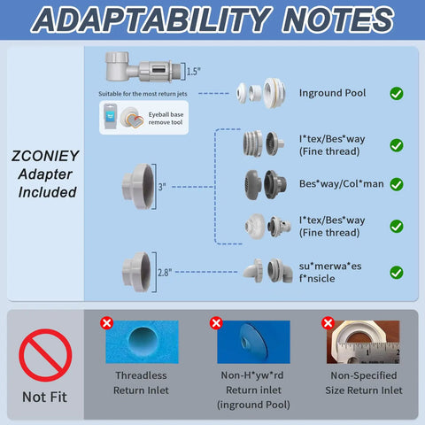 Adapter size compatibility for Dual Spray Head Pool Fountain Waterfall Kit With Two Heads For Above Ground And In Ground Pools Cools