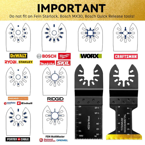 Diagram showing compatibility of Titanium Coated 31 Piece Oscillating Tool Blades Set for metal, wood, plastic with major brands.