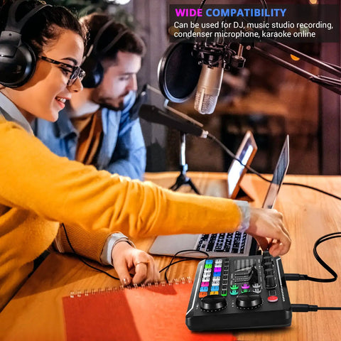 Two podcasters using Live Sound Card Audio Mixer With Podcast Interface Dope DJ Effects Voice Changer And Sound Effects.
