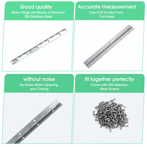 Heavy Duty 6 Inch Silver Stainless Steel Piano Hinges Two Pack, showcasing surfaces and pre-drilled holes, includes screws.