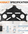 Product specifications for Billet Aluminum Engine Safe Stand Adapter Plate For Chevy Small Block Big Block And GM LS LT V8 Engines Beefy Built Heavy Duty Durable Fitment For LS1 LS2 LS3 LS6 LS7 LS9 L76 L92 L96 LQ4 LQ9 And More., black anodized plate with dimensions