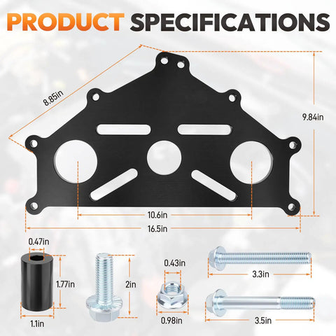 Product specifications for Billet Aluminum Engine Safe Stand Adapter Plate For Chevy Small Block Big Block And GM LS LT V8 Engines Beefy Built Heavy Duty Durable Fitment For LS1 LS2 LS3 LS6 LS7 LS9 L76 L92 L96 LQ4 LQ9 And More., black anodized plate with dimensions