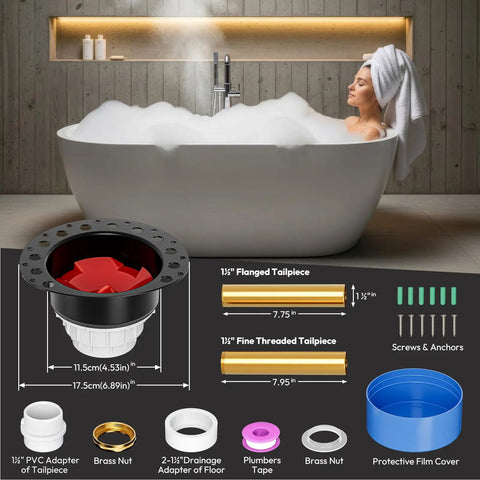 No Sweat Plug And Play Freestanding Tub Drain Kit With Brass Tailpiece, PVC Free components and specifications in a modern bathroom setting.