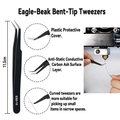 Eagle-beak bent-tip tweezers with protective cover used in 17 Piece Clog Poke 3D Printer Nozzle Cleaning Kit for 1.75mm filament