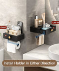 Toilet Paper Holder With Shelf And Wipes Dispenser in Black Stainless Steel Adhesive Wall Mount with Hidden Storage Drawer