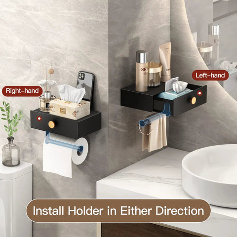 Toilet Paper Holder With Shelf And Wipes Dispenser in Black Stainless Steel Adhesive Wall Mount with Hidden Storage Drawer