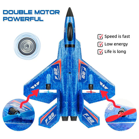 Top view of F22 Fighter RC Plane Ready To Fly With Gyro Stabilization For Beginners Kids Remote Control Airplane highlighting dual motors