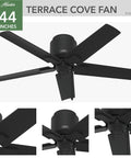 44 Inch Indoor Outdoor Ceiling Fan No Light With Low Profile Mount 5 Blades Damp Rated For Patio Porch Garage Or Living Room Pull Chain Matte Black Terrace Cove 51581