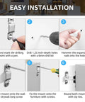 Installation guide for Heavy Duty Anti Tip Furniture Anchors 4 Pack showing steps for mounting on wall and furniture.