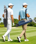 Two men walking on a golf course with Lightweight Golf Stand Bag For Driving Range Par 3 And Executive Courses Compact 5 To 6 Club Carrier.
