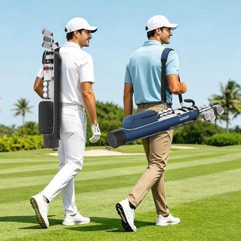 Two men walking on a golf course with Lightweight Golf Stand Bag For Driving Range Par 3 And Executive Courses Compact 5 To 6 Club Carrier.