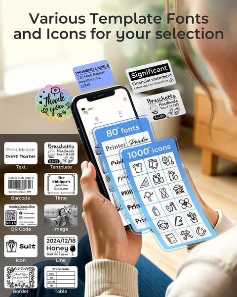 Image showing a phone displaying template options from a Bluetooth Portable Label Printer For Small Biz Fast Thermal Label Maker For Barcodes Addresses Clothing Pricing Mail Jewelry Cables And More Works With Phone And PC.