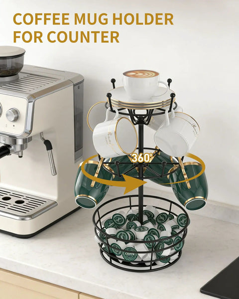 Dope 360 Degree Rotating Mug Holder Tree With Ten Hooks, three-tier coffee rack with mugs on a kitchen countertop.