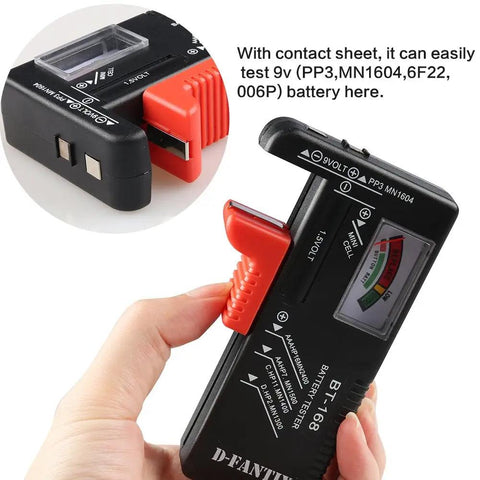 Compact Universal Battery Tester For AA AAA C D 9V And Button Cell Batteries BT 168 shown testing 9V battery