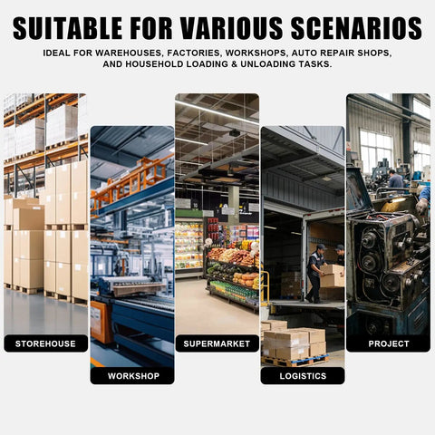 Heavy Duty Electric Scissor Lift Table With Foldable Design 300kg Capacity in warehouse, workshop, supermarket, and logistics settings.