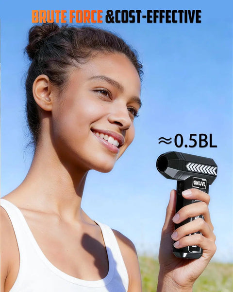Woman holding Beastly Mini Air Duster With LED Light 150000 RPM Turbo Blower with a smile.