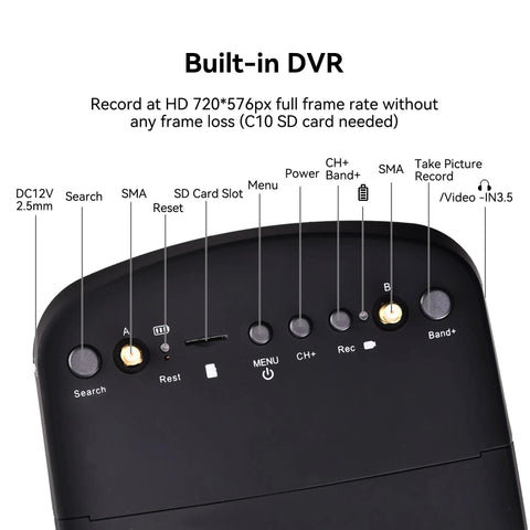 Control panel of All In One FPV Goggles With DVR And Real Time Video, 5.8G 40CH, built-in features info displayed.