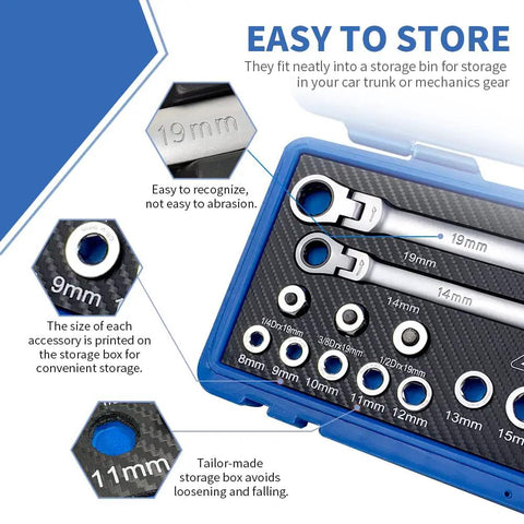 Flex Head Ratcheting Wrench Set 8 To 22 Mm Metric in storage box, showing wrench sizes and organization details for easy access