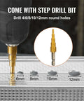 Drill with step drill bit making holes in metal sheet, showing sizes 6mm, 8mm, 10mm, 12mm, includes Double Head Sheet Metal Nibbler Cutter