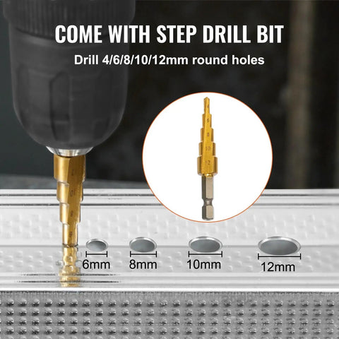 Double Head Sheet Metal Nibbler Cutter Drill Bit Attachment With Extra Punch And Die For 360 Degree Rotating Precision Cutting Holes On Auto Repair And Diy Projects Using Electric Drill Press Tool showcased with step drill bit in use on sheet metal.