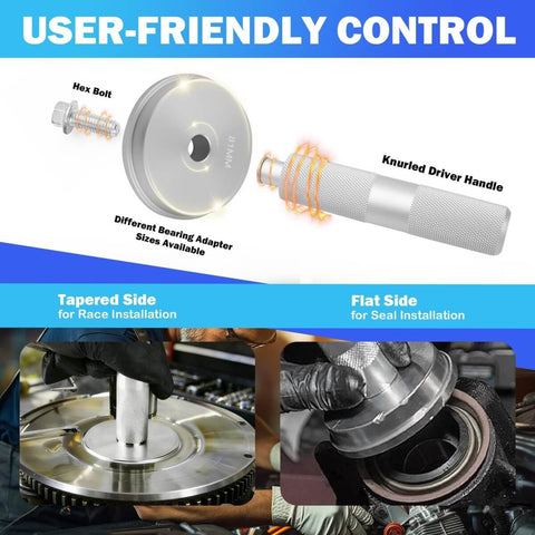 Car Bearing Press Kit With 9 Size Adapters And Seal Driver For Damage Free Wheel Bearing Installations Pro Grade Race And Seal Driver Set Anti Slip Knurling Handle Essential Seals Installer Kit showing components and installation examples