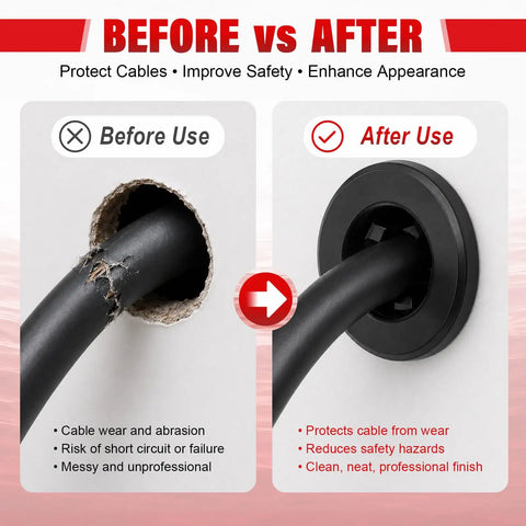 Before and after comparison using Half Inch Round Cable Snap Bushing Grommet Kit Black Snap In Grommets Built Tough Durable PA66 Plastic 100 Pack Inner Diameter Ten Millimeters Outer Diameter Sixteen Millimeters Mounting Diameter Twelve Point Eight Millimeters.