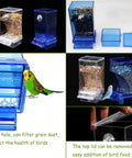 No Mess Acrylic Bird Feeder With Built In Perch And Secure Lid For Parakeets Finches Lovebirds And Canaries showing seed compartments and a bird.