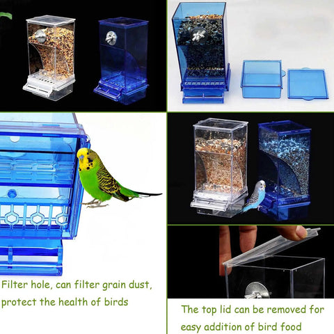 No Mess Acrylic Bird Feeder With Built In Perch And Secure Lid For Parakeets Finches Lovebirds And Canaries showing seed compartments and a bird.