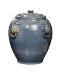 Blue And White Ceramic Rice Jar Keeps All Pantry Staples Crisp Naturally. Heavy Duty Porcelain Grain Dispenser with decorative handles.