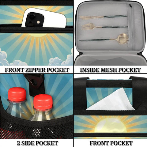Go-To Insulated Picnic Backpack with 12x8.7x10 inch size showing front zipper, inside mesh, and side pockets with bottles