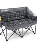 Gray two-person padded camping chair with cup holders, showing portable folding sofa for adults, beach and lawn use.