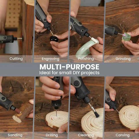 Image showing Mini Cordless Rotary Tool Kit All In One With 5 Speeds And 69 Accessories 4V Power used for various DIY tasks.