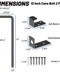 Diagram showing 12 Inch Heavy Duty Cane Bolt Gate Drop Rod Set for wood, PVC, vinyl, and metal fences gates with dimensions and parts included.