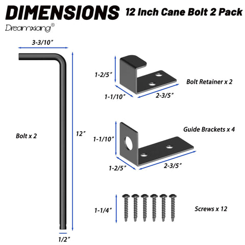 Diagram showing 12 Inch Heavy Duty Cane Bolt Gate Drop Rod Set for wood, PVC, vinyl, and metal fences gates with dimensions and parts included.