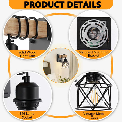 Badass Dimmable Wall Sconces Set Of Two With Rotary Switch And Black Metal Cage With Wooden Post featuring solid wood arm and E26 socket.