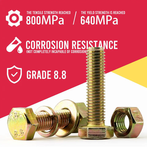 1000 Piece Grade 8.8 Hex Bolts And Nuts Assortment Kit With Flat Washers M4 M5 M6 Metric Hardware Set showing tensile strength specs and nuts.