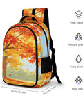 Fall Drifting Maple Leaf Print Backpack For Unisex Use Large Capacity Daypack Made From Durable Polyester Breathable Easy Clean Fabric With Smooth Zipper Great For School Travel And Everyday Carry shown with dimensions and features