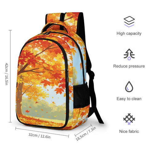 Fall Drifting Maple Leaf Print Backpack For Unisex Use Large Capacity Daypack Made From Durable Polyester Breathable Easy Clean Fabric With Smooth Zipper Great For School Travel And Everyday Carry shown with dimensions and features