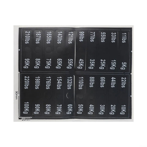 Weight Stack Labels for Gym Equipment Pack with Black Load Plate Decals showing clear identification stickers in lbs and kg.
