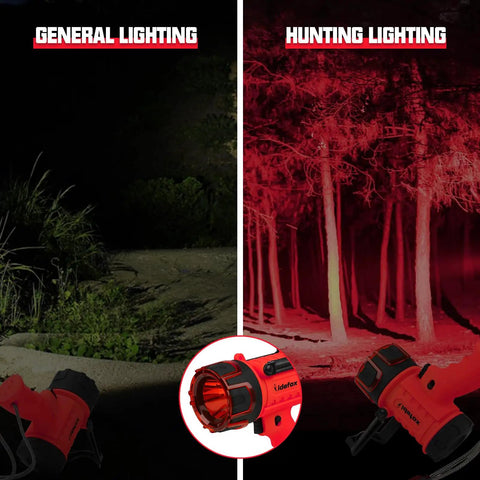 Rechargeable 1000 Lumen Spotlight Flashlight With 3 Modes High Low Strobe showing general and red hunting lighting modes