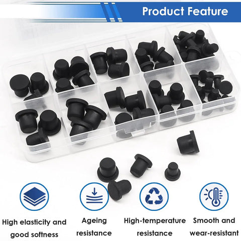 50 Pack Silicone Rubber Hole Plugs For Round Holes In 4mm 5.5mm 7.5mm 8.5mm 9.5mm Sizes In Handy Plastic Organizer Box With Color Coded Labels