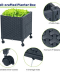 Raised Garden Bed Planter Box With Trellis And Wheels Self Watering System showing planter features like casters and trellis caps.