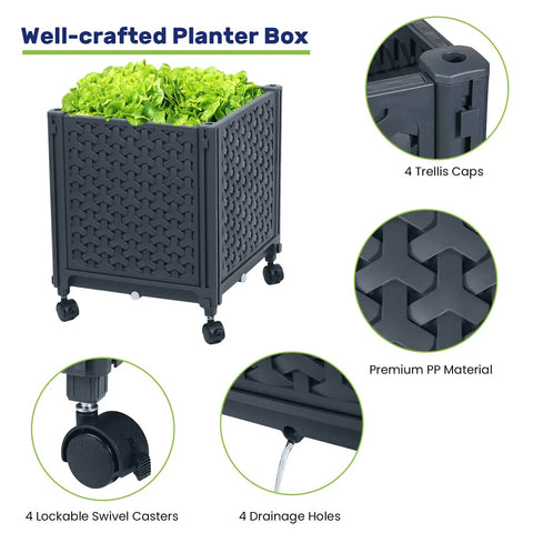 Raised Garden Bed Planter Box With Trellis And Wheels Self Watering System showing planter features like casters and trellis caps.