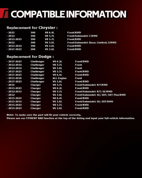 Compatibility chart for Chrysler 300 and Dodge models, detailing replacement years and engine types for Front Wheel Bearing And Hub Assembly Replacement Kit For Dodge Charger Challenger And Chrysler 300 Rwd 2012 To 2023 2 Piece Set Drop In Fit For A Smooth Quiet Ride.