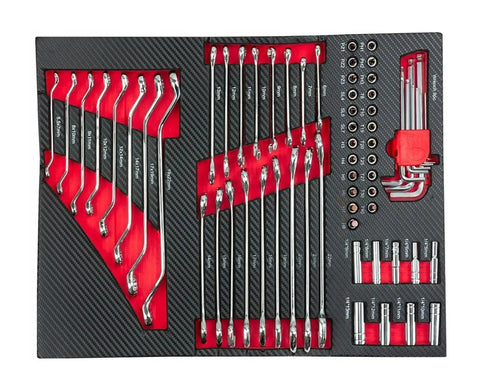 420 Piece Home DIY Hand Tools Set With Organizer Box showing sockets, wrenches, and hex keys on red and black EVA tray