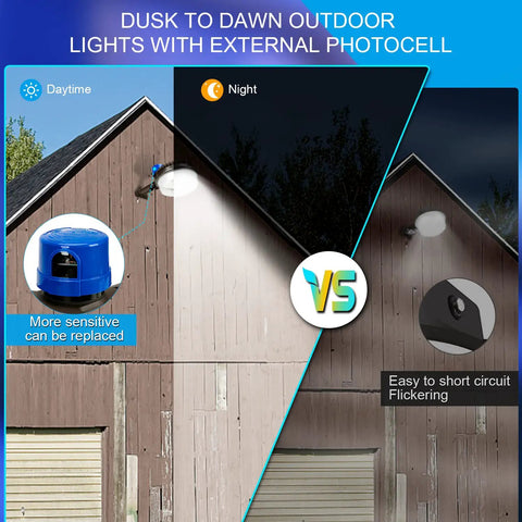 Daytime and night view of 120W Dusk To Dawn LED Barn Light With Adjustable Angles And Heavy Duty Mounting Arms, 18000LM Outdoor Yard Flood Light, Photocell Sensor, 5000K Brightset, IP65 Waterproof Security Lighting on barn, comparing photocells.