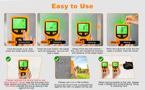 No Sweat 5 In 1 Handheld Stud Finder And Wall Scanner With Auto Calibrating Sensor Sharp Audio Alarm And Exact Center Edge Detection For Wood Studs Metal Beams Live Ac Electrical Wires And Water Pipes Behind Drywall For Quick Diy Fixups